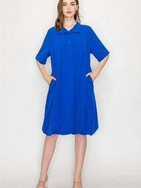 Joh Joella Woven Bubble Hem Oversized Dress Blue Short Sleeve Collared Shift